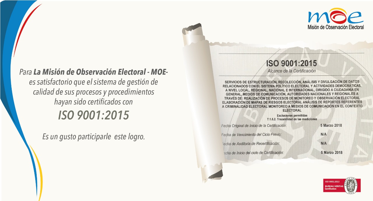 Misión de Observación Electoral recibe certificación de calidad ISO 9001:2015