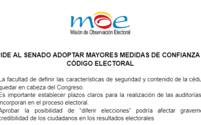 MOE pide al Senado adoptar mayores medidas de confianza en el Código Electoral