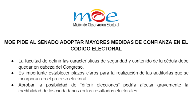 MOE pide al Senado adoptar mayores medidas de confianza en el Código Electoral