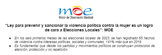 “Ley para prevenir y sancionar la violencia política contra la mujer es un logro de cara a Elecciones Locales”: MOE