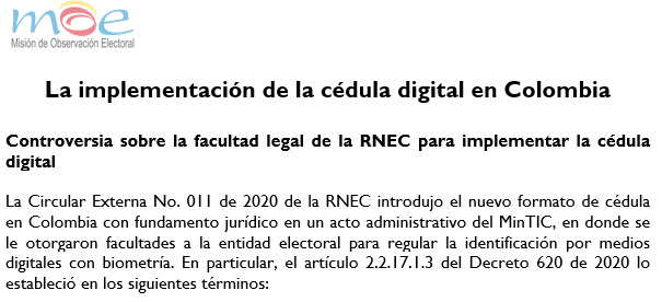 La implementación de la cédula digital en Colombia – Controversia sobre la facultad legal de la RNEC para implementar la cédula digital’