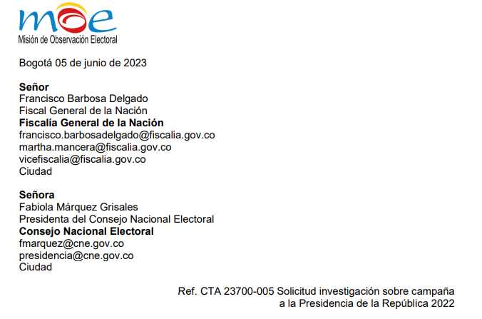 Solicitud investigación sobre campaña a la Presidencia de la República 2022