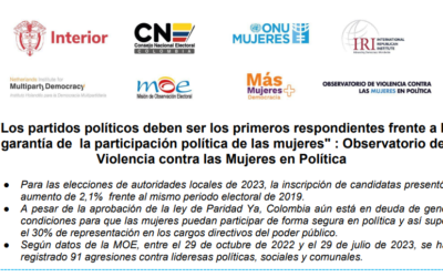 «Los partidos políticos deben ser los primeros respondientes frente a la garantía de la participación política de las mujeres» : Observatorio de Violencia contra las Mujeres en Política