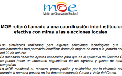 La MOE reiteró llamado a una coordinación interinstitucional efectiva con miras a las elecciones locales