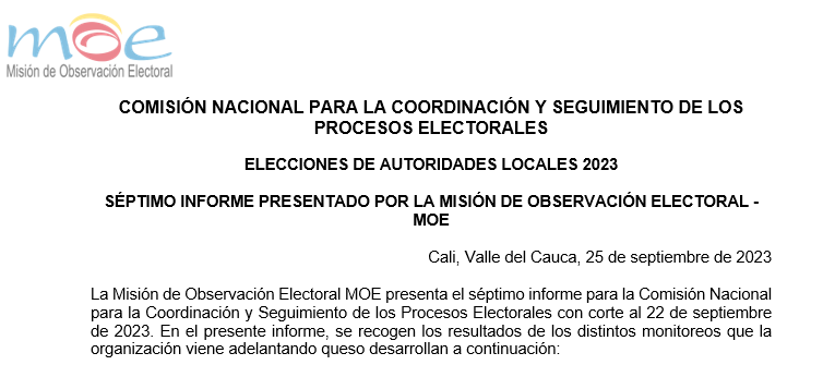 Séptimo informe presentado por la MOE en la  Comisión Nacional para la Coordinación y Seguimiento de los Procesos Electorales – Elecciones de Autoridades Locales 2023
