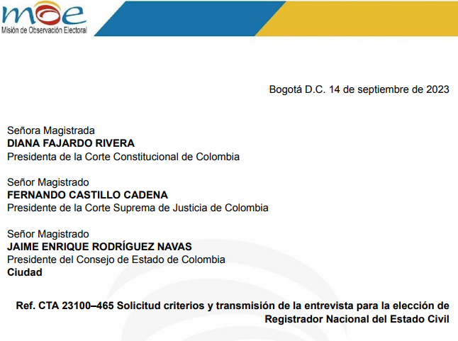 Solicitud de criterios y transmisión de la entrevista para la elección de Registrador Nacional del Estado Civil