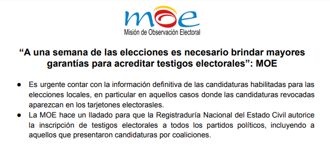 “A una semana de las elecciones es necesario brindar mayoresgarantías para acreditar testigos electorales»: MOE