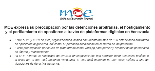 MOE expresa su preocupación por las detenciones arbitrarias, el hostigamiento y el perfilamiento de opositores a través de plataformas digitales en Venezuela