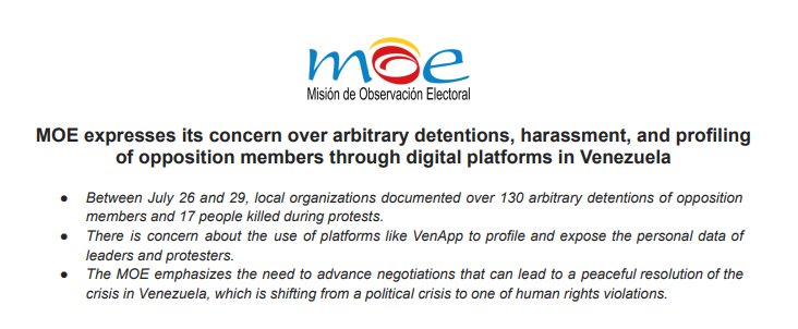 MOE expresses its concern over arbitrary detentions, harassment, and profiling of opposition members through digital platforms in Venezuela