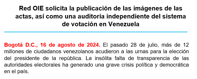 #Comunicado – Red OIE solicita la publicación de las imágenes de las actas, así como una auditoría independiente del sistema de votación en Venezuela