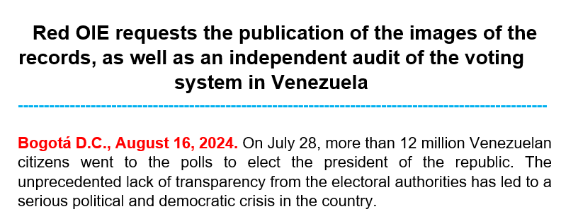 #Press release – Red OIE requests the publication of the images of the records, as well as an independent audit of the voting system in Venezuela