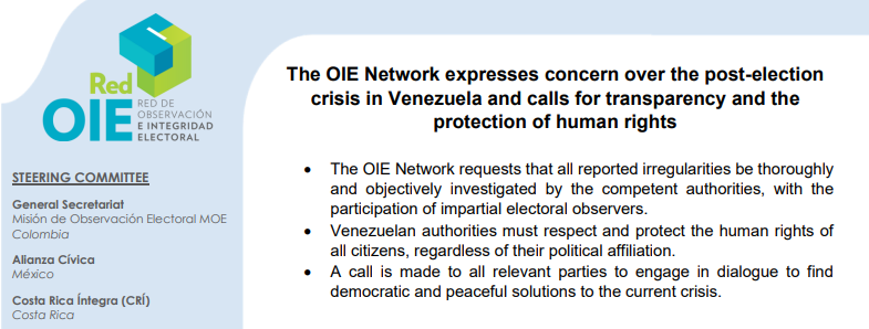 The OIE Network expresses concern over the post-election crisis in Venezuela and calls for transparency and the protection of human rights