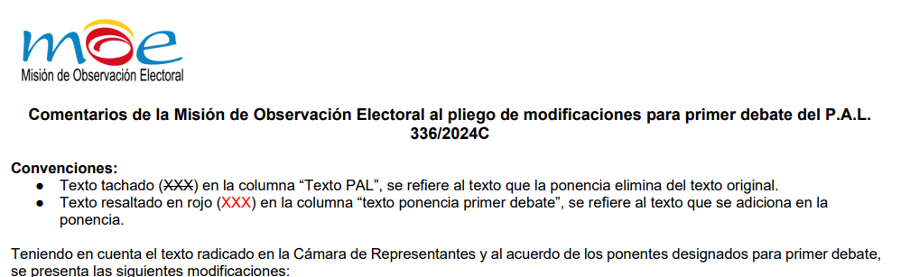 Comentarios de la Misión de Observación Electoral al pliego de modificaciones para primer debate del P.A.L 336/2024 C
