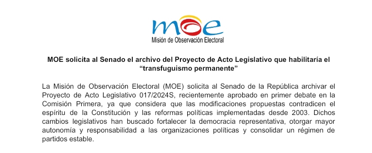 MOE solicita al Senado el archivo del Proyecto de Acto Legislativo que habilitaría el“transfuguismo permanente”